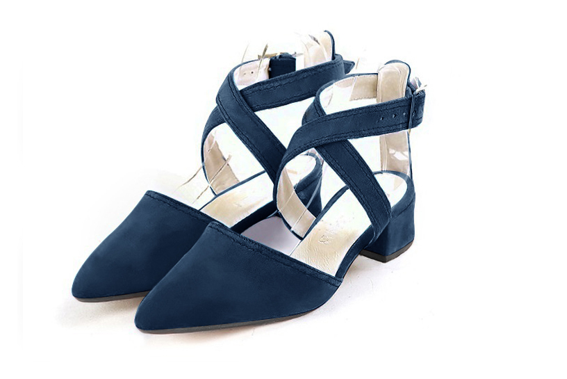 Dress closed-toe heels crossed straps in navy blue leather with low flare heels and tapered toe - Front view
